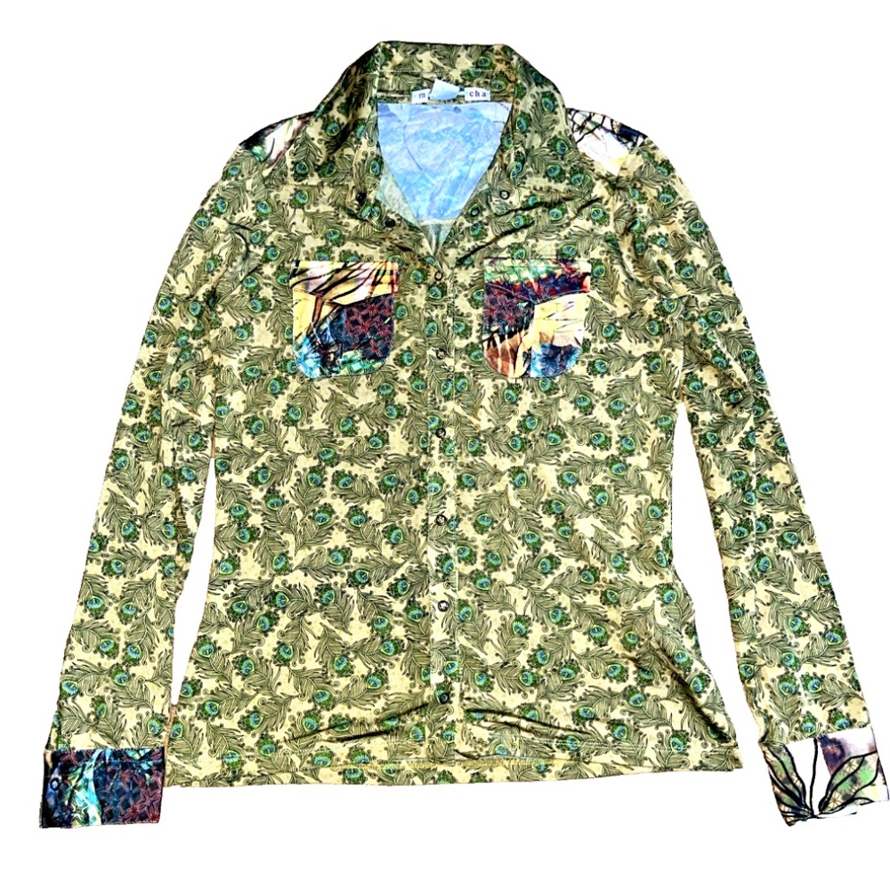 Muchacha Vintage Designer Blouse Peacock Feather Print Made in Spain NWT Large